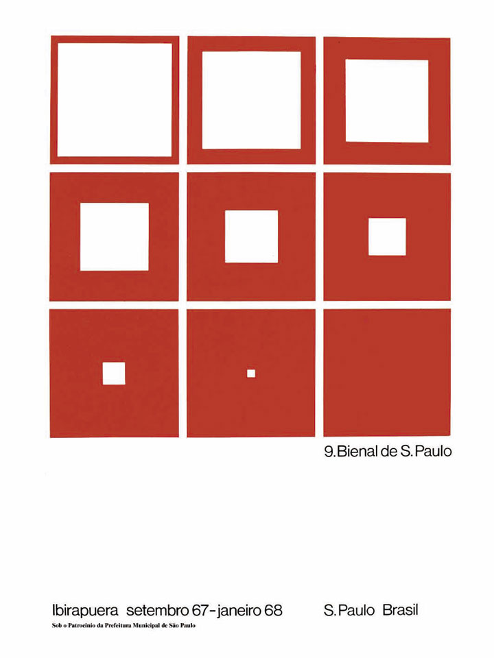 A precisão do design da chamada escola suíça comprova o quanto pode ser fecunda a máxima menos é mais. O número nove dá origem aos nove quadrados, e a seqüência visual faz alusão às transformações pelas quais passa a arte no período: parte-se de um campo bem definido e delimitado por uma moldura, e caminha-se em direção a um campo onde não há distinção entre o que está dentro e o que é moldura, ou seja, a uma obra cujas fronteiras passam a ser impossíveis de precisar. Bienal 50 Anos, 1951-2001, 2001, p.296