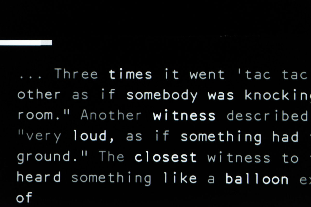 Vista da vídeo- instalação [view of the video-installation] <i>After SFX</i> [Pós-efeitos sonoros] (2018), de [by] Lawrence Abu Hamdan, na 34ª Bienal de São Paulo.   © Levi Fanan / Fundação Bienal de São Paulo